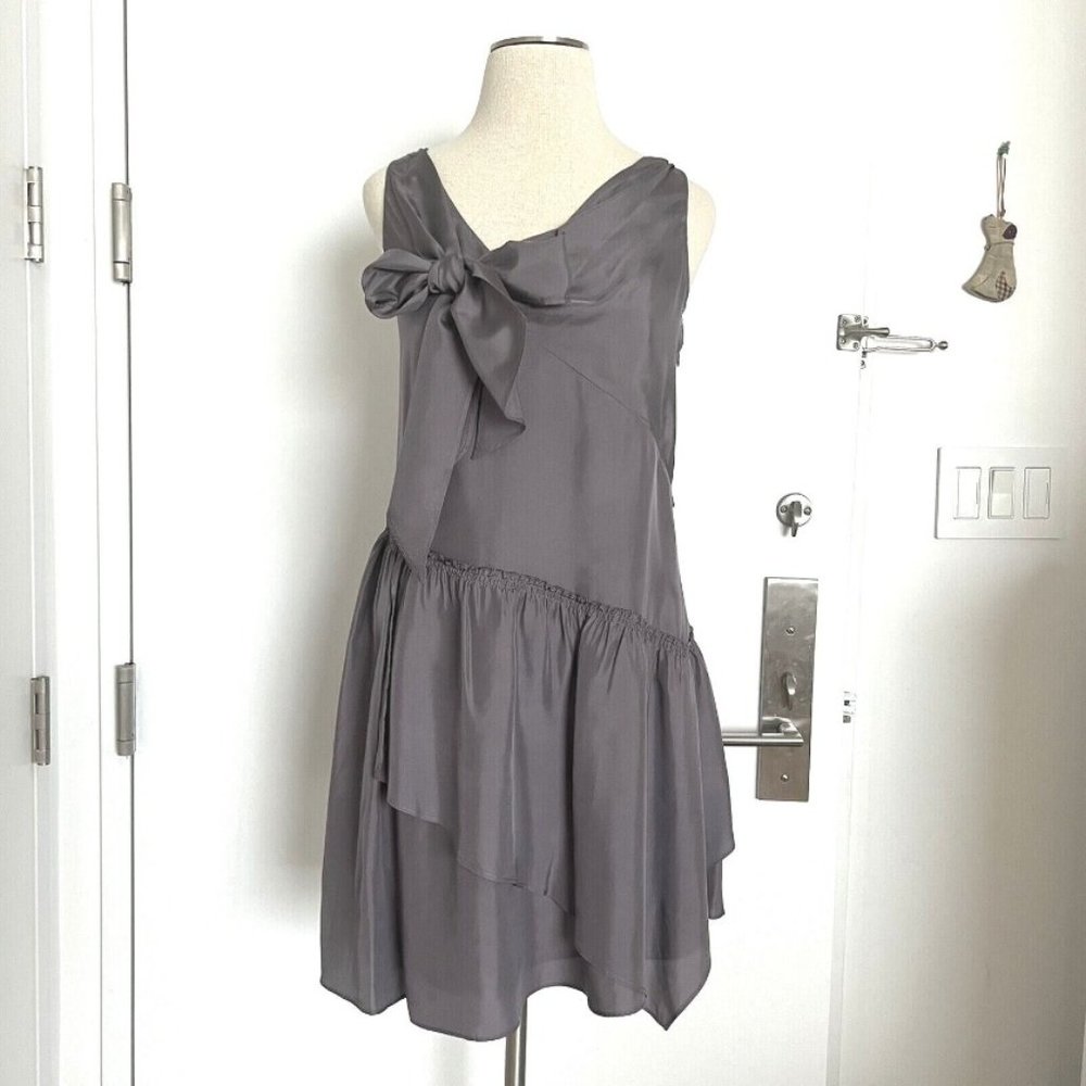 J Crew 100% Silk Tunic Dress with Bow/Ribbon Ruffle Purple size Petite 0P